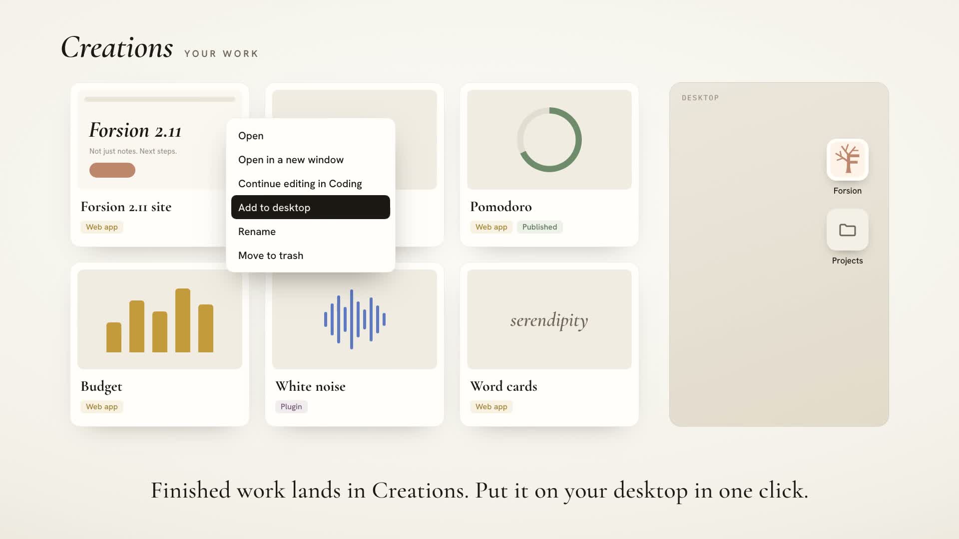 Creations Space concept demo with web apps, plugins, and a desktop shortcut